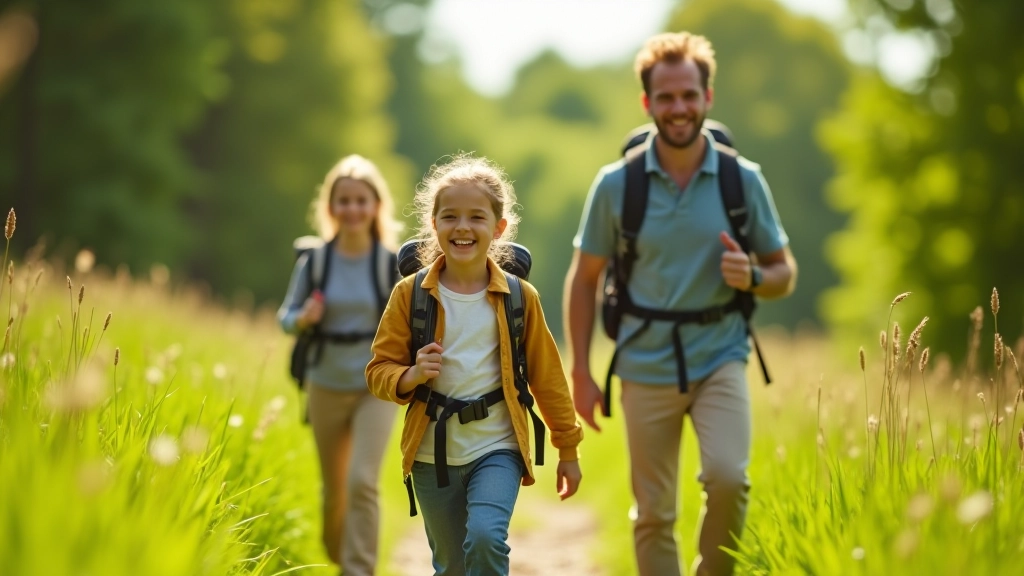 Children and parents hiking together on sunny day through green meadow with blue sky, happy expressions on faces