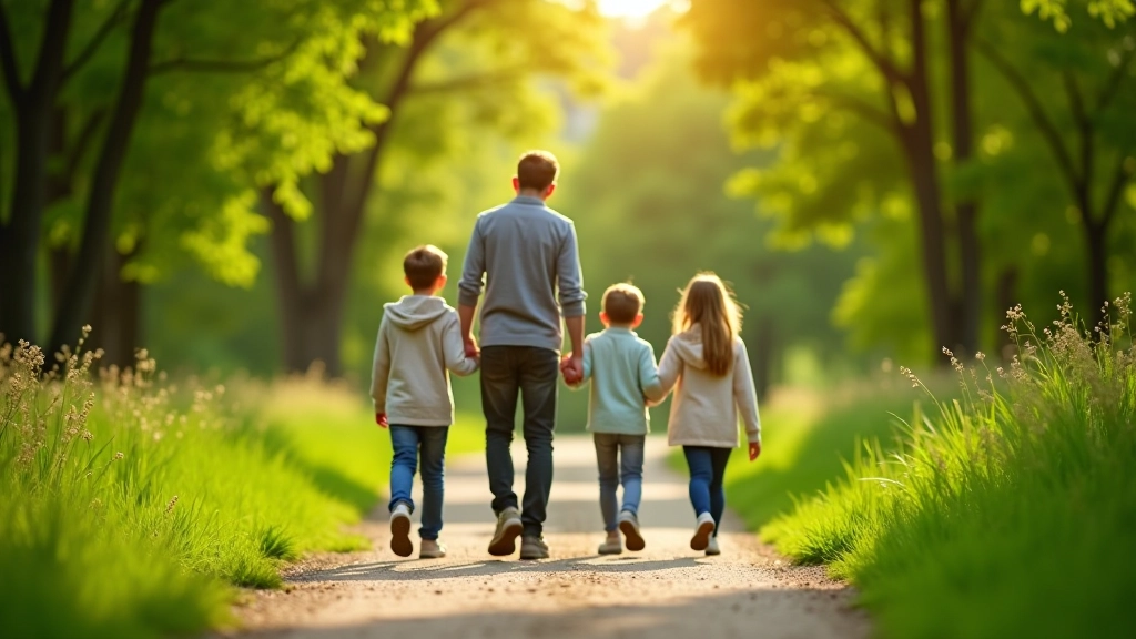 Family walking together on a scenic outdoor trail with children, natural green surroundings