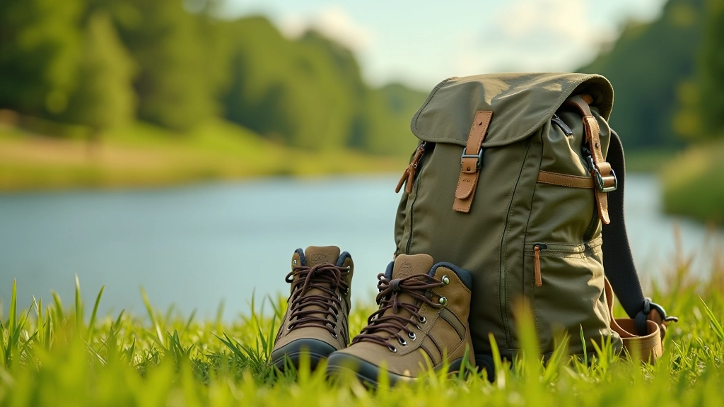 Hiking backpack and walking boots on ground near river, outdoor gear ready for trail