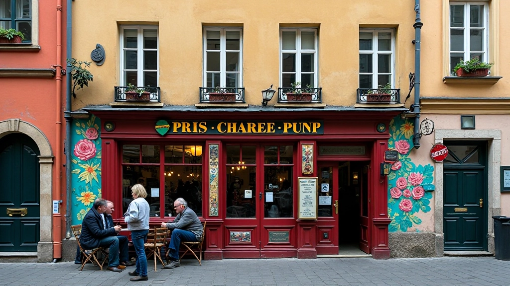 Žižkov Prague neighborhood street art murals, vintage pub exterior, local residents, urban bohemian atmosphere, colorful buildings