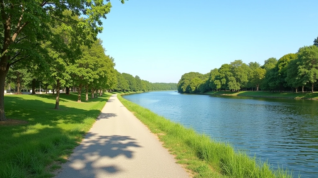 Wide river landscape with walking path alongside Vltava, trees and water meeting at horizon line, clear daylight
