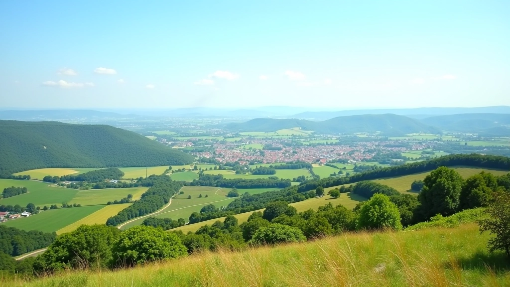 Panoramic view from hilltop overlooking vast vineyard landscape with green fields, scattered villages, and distant treeline under blue sky