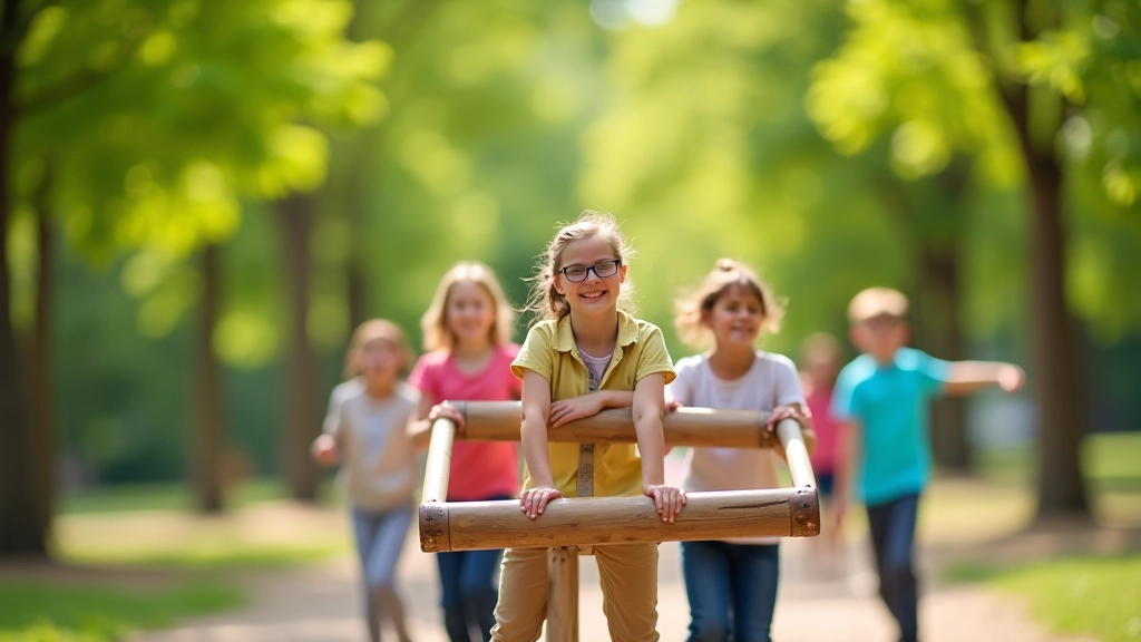 Children at playground in park with swings and climbing equipment, families enjoying outdoor recreation area with trees in background
