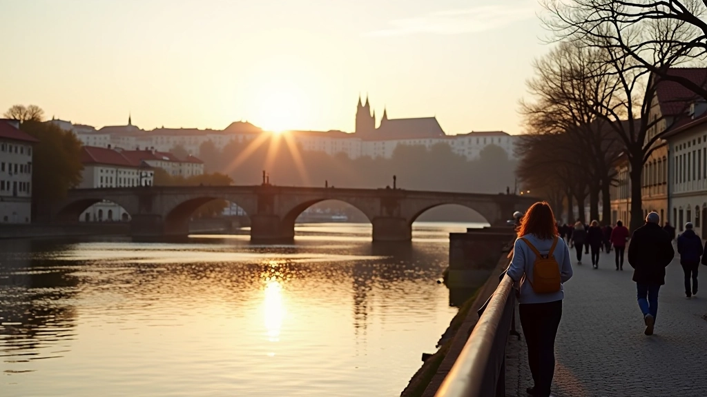 Prague riverside paths along the Vltava River with historic architecture