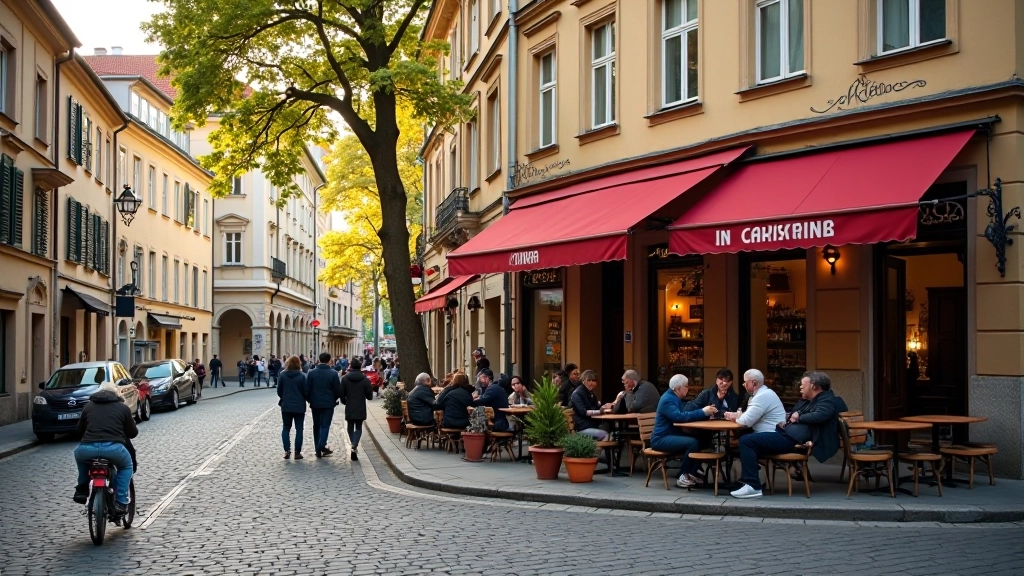 Prague street corner with traditional architecture, local cafe with outdoor seating, golden hour light, authentic neighborhood scene