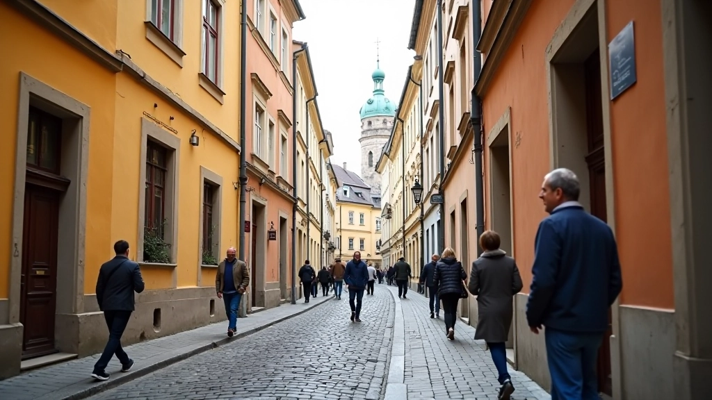 Prague street with historic architecture and locals walking through neighborhood