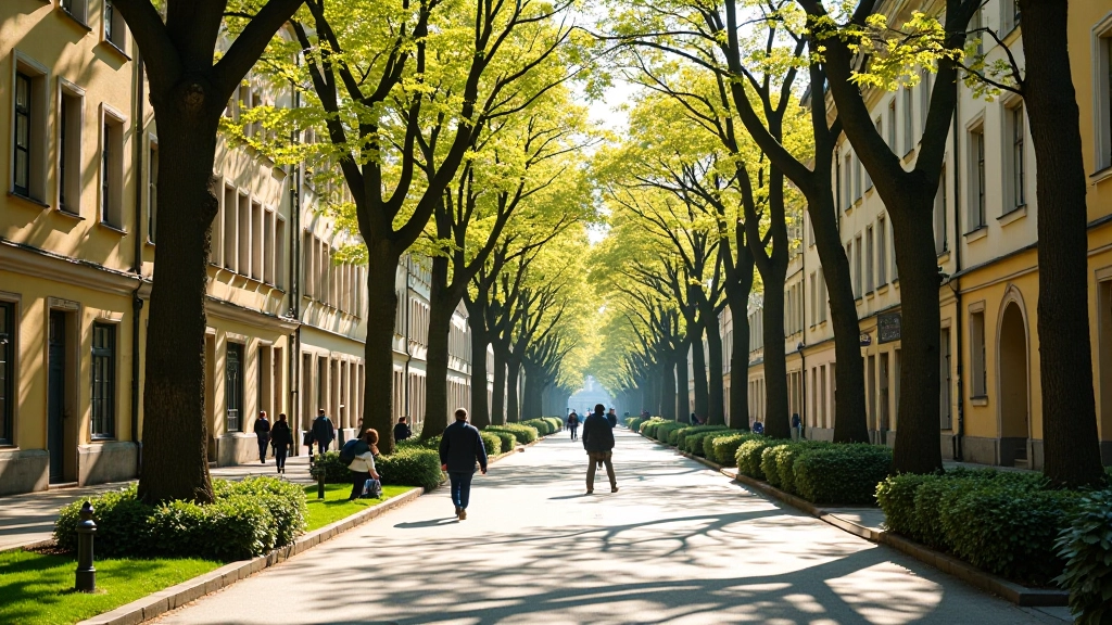 Prague Vinohrady neighborhood tree-lined street with art nouveau buildings, peaceful residential square, spring flowers blooming, morning light
