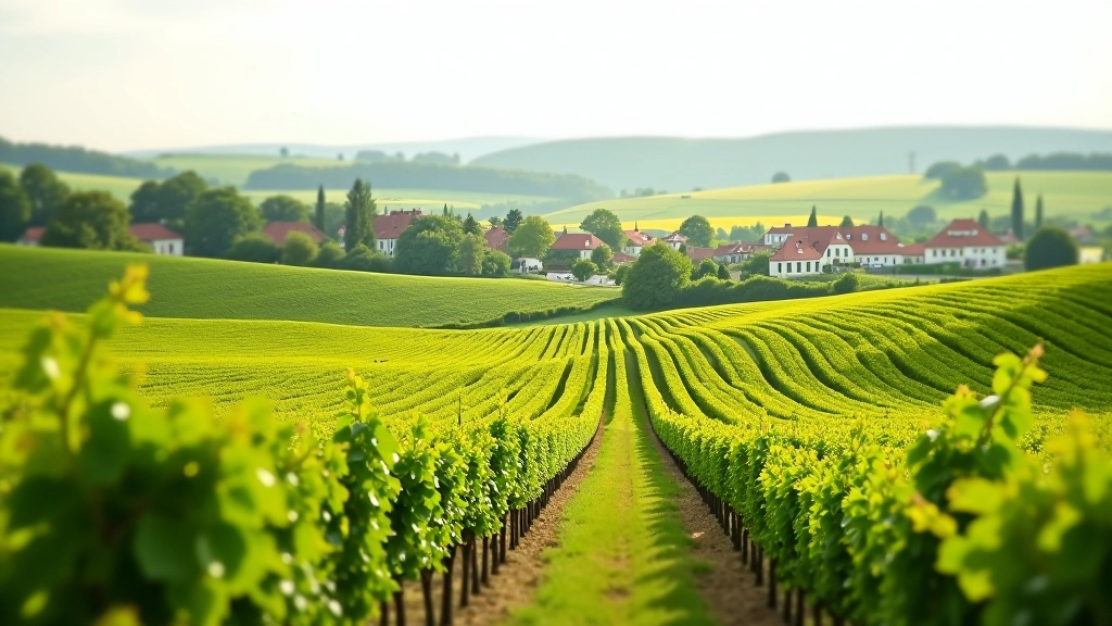 Rolling vineyard landscape in South Moravia with traditional village in distance