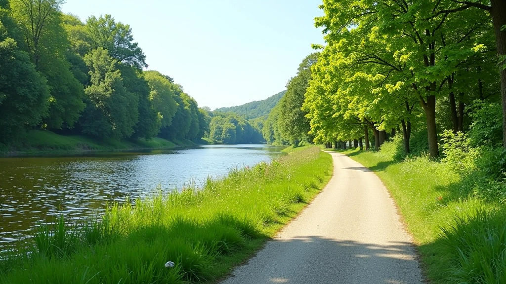 Scenic riverside path along Vltava River with water views and green vegetation on both banks