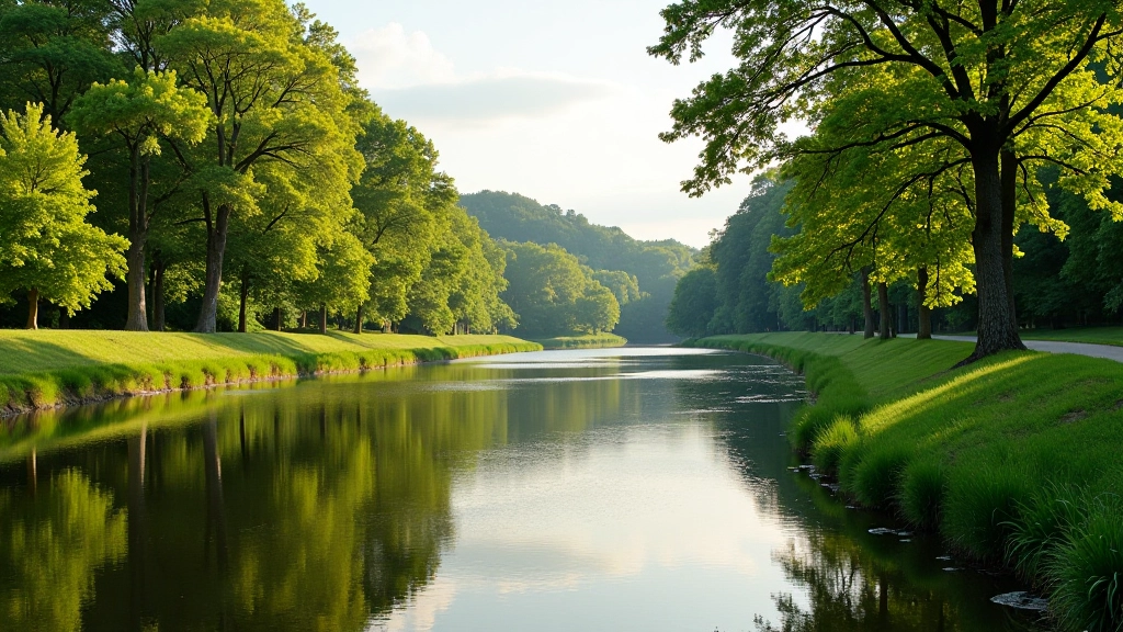 Scenic riverside walking path along the Vltava River in central Bohemia with water reflections and green banks