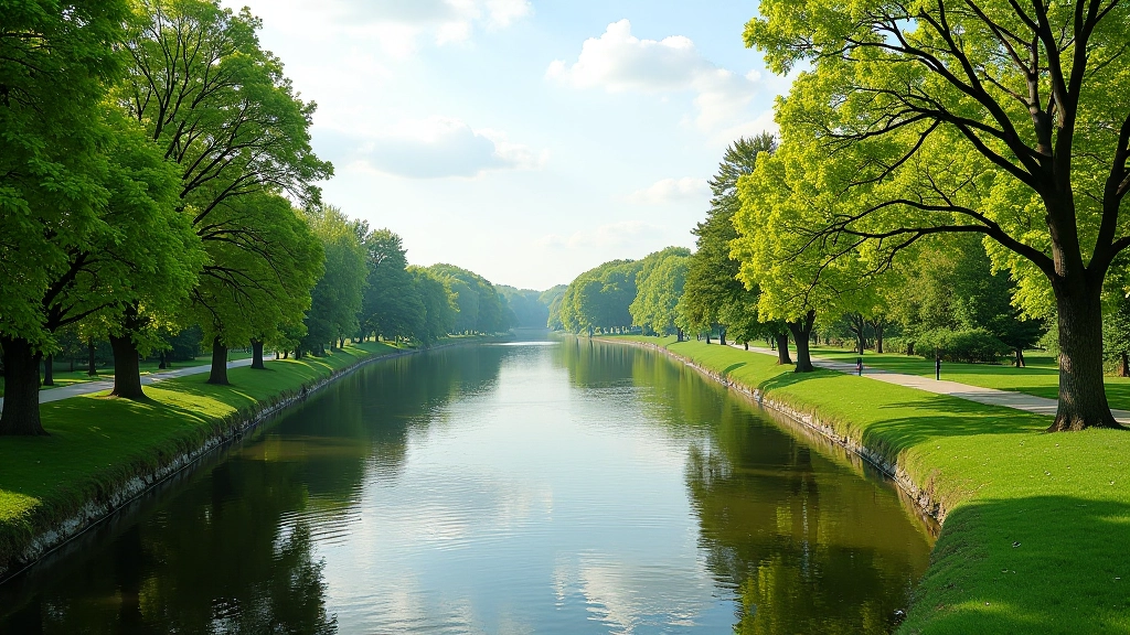 Scenic view of Vltava River with tree-lined banks and walking path
