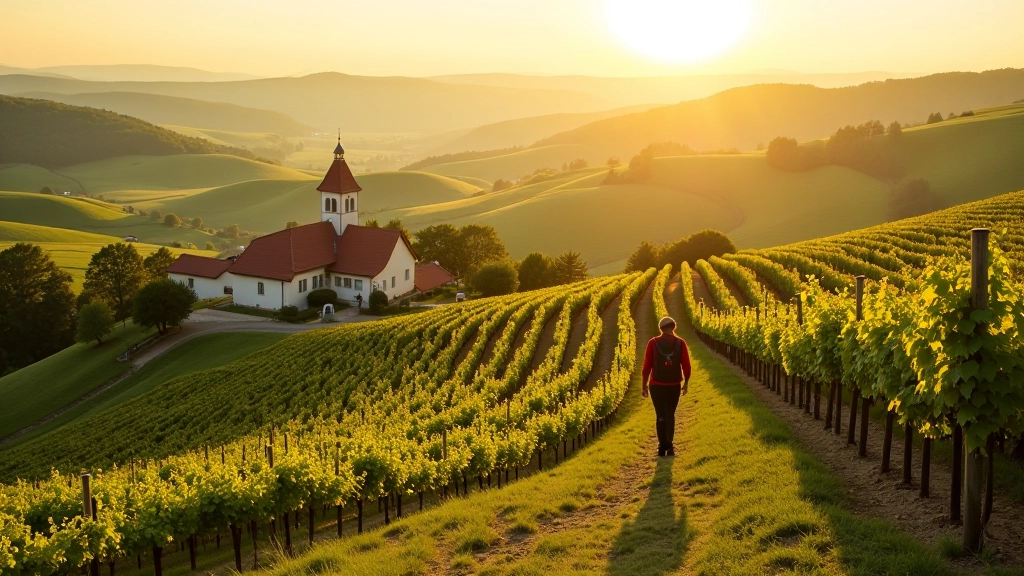 South Moravia vineyard landscape rolling hills wine region, traditional village architecture, golden light