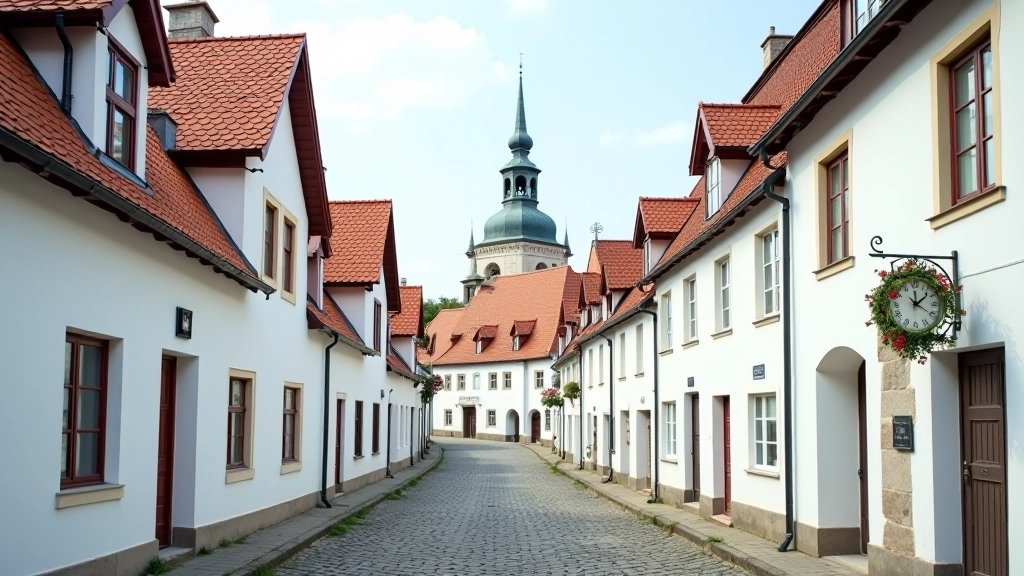 Traditional Czech village architecture with white-washed buildings, terracotta roofs, church spire, and vintage street lamps