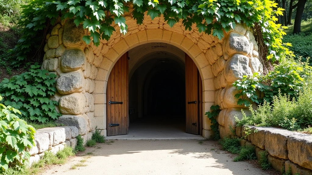 Stone cellar entrance built into limestone hillside with arched doorway, aged wooden door, and grapevines growing around entrance
