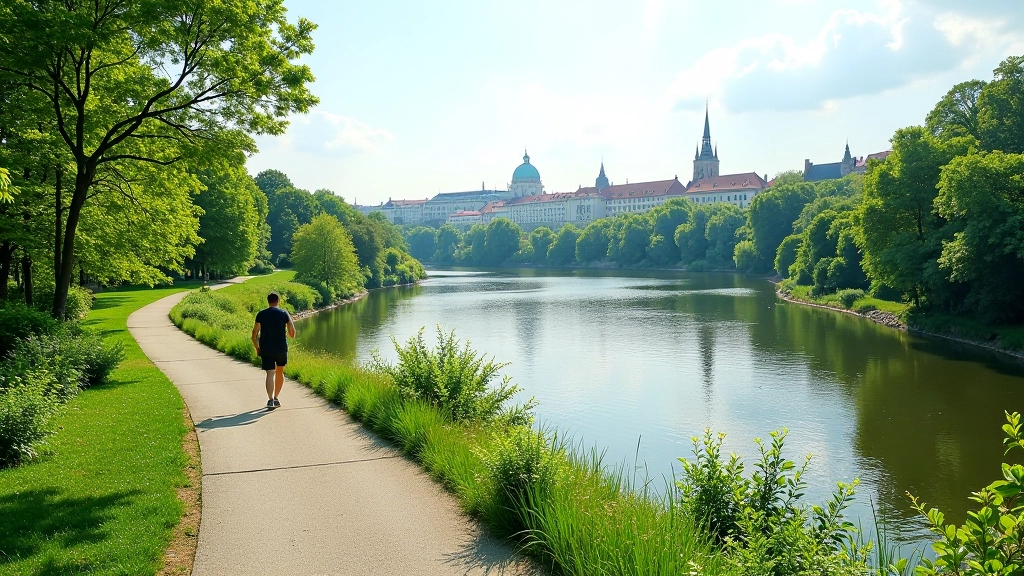 Vltava River landscape with riverside path, green banks, Prague skyline, scenic walking trail