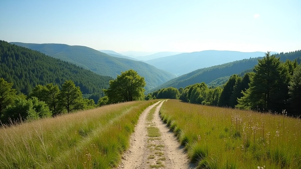 Scenic walking trail through Czech countryside with forest and mountains in background